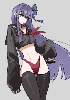 1girl absurdres alternate_costume bikini blue_eyes breasts commentary cowboy_shot english_commentary fate/grand_order fate_(series) floating_hair gluteal_fold highleg highleg_bikini highleg_panties highres jonyeld long_hair meltryllis_(fate) narrow_waist navel panties purple_hair red_panties sailor school_uniform simple_background small_breasts solo swimsuit thighhighs tsukumihara_academy_uniform_(fate/extra_ccc) underwear white_background