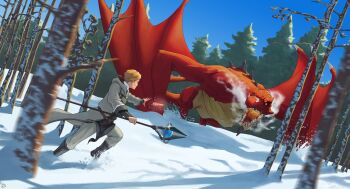 1boy aqua_heartia aqwariate bare_tree blue_sky brown_hair casting_spell coat day dragon fighting highres hood hooded_coat looking_at_another mage_staff mushoku_tensei outdoors rudeus_greyrat running sky snow staff steam tree winter