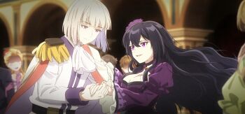 Rule 34 | anime screenshot, black hair, breasts, cleavage, eris no seihai, large breasts, long hair, purple eyes, scarlet castiel, stitched, third-party edit