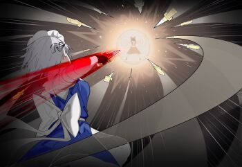 2girls absurdres apron ascot back_bow black_gloves blue_dress bow chinese_commentary commentary_request detached_sleeves devilkillerx dress energy_barrier facing_away fighting frilled_bow frilled_hair_tubes frills from_behind gloves grey_hair hair_bow hair_tubes hakurei_reimu highres holding holding_knife izayoi_sakuya knife long_hair maid maid_headdress multiple_girls puffy_short_sleeves puffy_sleeves red_bow red_skirt ribbon-trimmed_sleeves ribbon_trim short_sleeves skirt skirt_set throwing touhou waist_apron white_bow