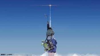 1girl absurdres ahoge arm_up blue_sky chinese_track_school_uniform copyright_name copyright_notice cowboy_shot facing_away from_behind green_hair hair_ornament headphones headphones_around_neck highres holding launching logo official_art official_wallpaper radio radio_antenna school_uniform sky smoke solo sparkle stuffed_animal stuffed_rabbit stuffed_toy xinyue_tongxing yayin_(xinyue_tongxing)