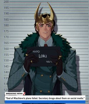 1boy absurdres barbie_mugshot_(meme) black_gloves black_hair buttons character_name coat commentary commission double-breasted english_commentary english_text fake_horns fur-trimmed_coat fur_trim gloves green_vest grey_coat highres horned_headwear horns icklaa jewelry loki_(marvel) loki_(presidential_attire)_(marvel) looking_at_viewer male_focus marvel marvel_rivals meme mugshot multiple_rings necktie official_alternate_costume parted_lips red_necktie ring shirt short_hair solo thor_(marvel)_(series) upper_body vest white_shirt