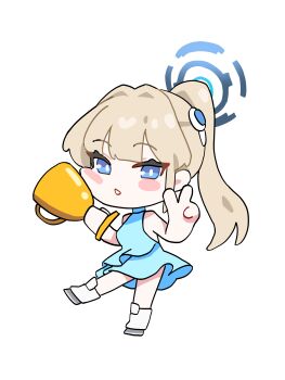 1girl absurdres alternate_costume alternate_hairstyle blonde_hair blue_archive blue_dress blue_eyes blush chibi dress full_body highres holding holding_trophy looking_at_viewer pongdo simple_background sleeveless sleeveless_dress smile solo standing standing_on_one_leg toki_(blue_archive) transparent_background trophy v