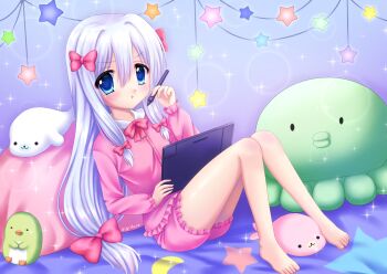1girl blue_eyes bow drawing_tablet eromanga_sensei full_body hair_bow hand_up highres holding holding_stylus izumi_sagiri kigidere knees_up long_hair long_sleeves looking_at_viewer low-tied_long_hair pajamas pink_bow pink_pajamas sitting solo star_(symbol) string_lights stuffed_animal stuffed_octopus stuffed_penguin stuffed_seal stuffed_toy stylus