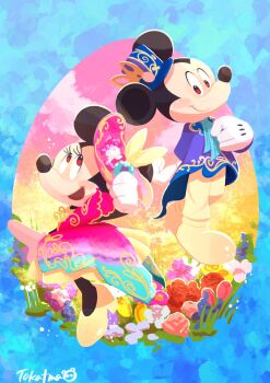 1boy 1girl alternate_costume animal_ears dress gamorangetana gloves highres humanization looking_at_viewer mickey_mouse_&amp;_friends minnie_mouse mouse_boy mouse_ears mouse_girl open_mouth red_eyes shirt smile