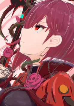 1girl absurdres commentary_request flower from_side heaven_burns_red highres pink_flower pink_rose psy_(artist) purple_hair red_eyes rose short_hair tezuka_saki thorns unfinished