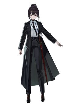 1girl absurdres belt bilingual_commentary black_belt black_coat black_eyes black_hair black_necktie black_pants black_shoes clenched_hand closed_mouth coat collared_shirt commentary commentary_request dress_pants dress_shirt english_commentary expressionless full_body gemi_ningen highres id_card korean_commentary lanyard long_sleeves looking_at_viewer mixed-language_commentary necktie open_clothes open_coat original outstretched_arm pants sheath sheathed shirt shoes simple_background solo standing sword tachi-e thigh_strap turtleneck weapon white_background white_shirt