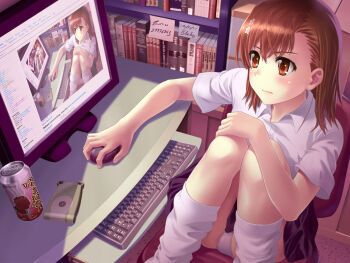 10s 1girl 2011 blush brown_eyes brown_hair computer computer_keyboard computer_mouse danbooru_(site) denhijou_niki english_text female_focus highres leg_warmers meta misaka_mikoto monitor mouse_(animal) panties pantyshot profanity recursion short_hair sitting solo toaru_kagaku_no_railgun toaru_majutsu_no_index truth underwear