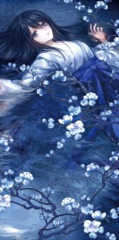 1girl black_hair blue_eyes closed_mouth fatal_frame fatal_frame_iii:_the_tormented flower hair_between_eyes hakama japanese_clothes long_hair looking_at_viewer lying miko on_back partially_submerged solo yukishiro_reika yusa_tk74