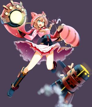 1girl absurdres animal_ear_hood artist_request black_corset boots breasts brown_hair capelet corset cosmic_break dress fake_animal_ears fang fang_out full_body gauntlets green_eyes hair_between_eyes highres hood large_breasts maisie_carmine official_art open_mouth rocket