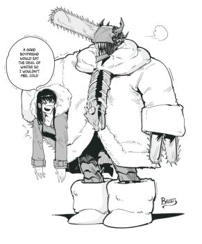 1boy 1girl black_hair breasts chainsaw chainsaw_devil chainsaw_man commentary denji_(chainsaw_man) english_commentary extra_arms hair_between_eyes highres holding horns long_hair monochrome no_eyes open_mouth ringed_eyes sharp_teeth shirt simple_background teeth victorbalgitt white_background yoru_(chainsaw_man)