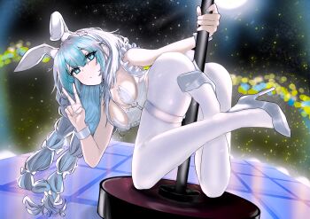 absurdres azur_lane commentary_request feet grey_hair high_heels highres jing_guang_lin_xin_(user_ppgk4554) le_malin_(azur_lane) le_malin_(listless_lapin)_(azur_lane) legs leotard pantyhose playboy_bunny stiletto_heels v white_hair white_leotard white_pantyhose