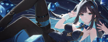 1girl abigail_(black_survival) abigail_(poker_face)_(black_survival) armpits bare_arms bare_shoulders black_footwear black_hair black_leotard black_pantyhose black_survival blue_eyes blue_hair blue_hairband bow bowtie breasts cleavage closed_mouth clothing_cutout colored_inner_hair cutout_above_navel detached_collar dice earrings eternal_return:_black_survival expressionless hairband hands_up high_heels highleg highleg_leotard highres huhi_(huhi_1211) jewelry large_breasts leg_up leotard long_hair looking_at_viewer medium_breasts multicolored_hair nail_polish official_alternate_costume one_side_up pantyhose playboy_bunny solo strapless strapless_leotard thigh_strap thighband_pantyhose very_long_hair wrist_cuffs