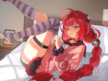 Rule 34 | 1girl, adjusting clothes, adjusting legwear, ahoge, black panties, black sailor collar, black skirt, bow, braid, braided twintails, cardigan, chest bow, collarbone, commentary request, from side, green eyes, grin, hair bow, hair ornament, hearing aid, highres, indoors, kumajyayo, legs up, long hair, looking at viewer, lying, on back, on bed, panties, pillow, pink cardigan, red hair, sailor collar, skirt, smile, solo, sphere hair ornament, striped clothes, striped thighhighs, thigh strap, thighhighs, ukinami yuzuha, underwear, white bow, zenless zone zero