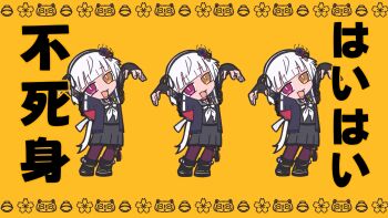 3girls :3 :d arms_up assault_lily black_choker black_flower black_gloves black_hairband black_jacket black_ribbon black_sailor_collar black_skirt blunt_bangs bright_pupils chibi choker clone commentary elbow_gloves fang fingerless_gloves fingernails flower full_body gloves hair_flower hair_ornament hair_ribbon hairband head_tilt heterochromia highres jacket jika-tabi kasa_(kasa_mayulove) long_hair looking_at_viewer miniskirt multiple_girls nail_polish neckerchief open_clothes open_jacket open_mouth outstretched_arms pantyhose parody_request pink_eyes purple_flower purple_nails purple_pantyhose red_flower ribbon sailor_collar school_uniform serafuku short_sleeves skirt smile standing thigh_strap translation_request very_long_hair white_hair white_neckerchief white_pupils yamaguchi_chihiro_(assault_lily) yellow_background yellow_eyes zombie_pose