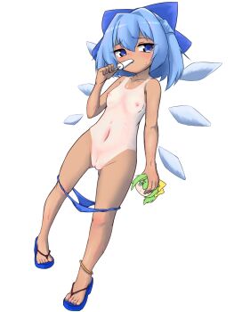 1girl anklet blue_eyes blue_hair blue_sandals breasts cirno cleft_of_venus dutch_angle flip-flops food full_body gold_anklet hair_intakes highres holding holding_food holding_popsicle ice ice_wings jewelry loli navel no_bra panties panty_pull popsicle pussy sandals short_hair simple_background small_breasts solo standing sweatdrop tanned_cirno tede touhou underwear white_background wings