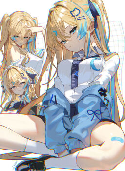 1girl bandaid bandaid_on_leg blonde_hair blue_eyes blue_hair blue_jacket cat_hair_ornament collared_shirt commentary_request hair_between_eyes hair_ornament hairclip hand_on_own_head jacket jacket_partially_removed long_hair looking_at_viewer maid maid_headdress multicolored_hair multiple_views necktie original scottie_(phantom2) shirt shirt_tucked_in single_off_shoulder socks streaked_hair twintails white_shirt white_socks