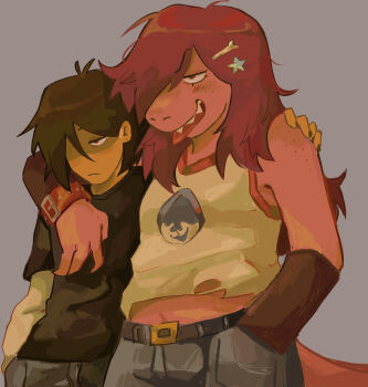 1girl 1other absurdres alternate_costume antenna_hair arm_around_shoulder belt black_arm_warmers black_belt black_shirt bone_hair_ornament brown_hair commentary deltarune english_commentary furry furry_female grey_background grey_pants hair_ornament hairclip hand_in_pocket highres kris_(deltarune) lancer_(deltarune) long_hair pants print_tank_top purple_eyes purple_hair red_eyes sharp_teeth shirt short_hair star_(symbol) star_hair_ornament susie_(deltarune) tank_top teeth tongue tongue_out utdr_(toby_fox) uvitamint white_tank_top