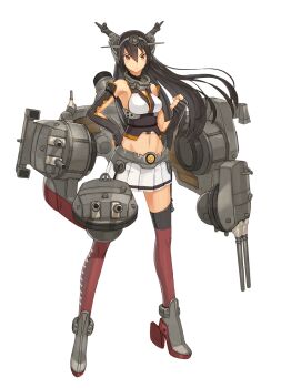 Rule 34 | 1girl, bare shoulders, black hair, boots, breasts, cannon, crop top, elbow gloves, fingerless gloves, full body, gloves, hair between eyes, hair ornament, hairband, headgear, highres, kantai collection, long hair, mecha musume, medium breasts, midriff, miniskirt, nagato (kancolle), official art, red thighhighs, ship turret, shizuma yoshinori, skirt, solo, thighhighs, third-party source, transparent background, yellow eyes