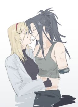 Rule 34 | 2girls, absurdres, amputee, angelia (girls' frontline), armless amputee, bare shoulders, black hair, black sweater, blonde hair, blue eyes, breasts, cigarette, cigarette kiss, cleavage, closed eyes, closed mouth, coat, commentary, couple, cowboy shot, crop top, curtained hair, eyebrow cut, forehead, from side, girls' frontline, grey tank top, hair ornament, hairband, hairclip, hand on another's waist, high ponytail, highres, lab coat, lapels, lelith61, long hair, long sleeves, looking at another, medium breasts, midriff, mouth hold, multiple girls, notched lapels, open clothes, open coat, ponytail, red hairband, scar, scar on arm, scar on face, scar on forehead, scar on neck, shaw (girls' frontline), simple background, sketch, sleeves past wrists, stump cover, sweater, tank top, tear troughs, u u, untranslatable commentary, white background, white coat, yuri