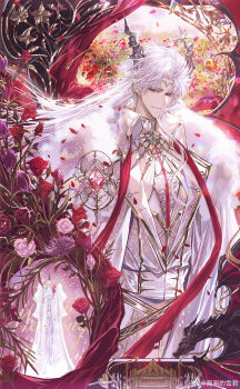 Rule 34 | 1boy, absurdres, belt, black belt, black horns, border, brooch, cape, chinese commentary, circlet, closed mouth, coat, collared coat, corsage, cowboy shot, curtained hair, dragon, dragon boy, dragon horns, dragon wings, dress, ear covers, empire waist, fabric, falling petals, field, flower, flower field, fur-trimmed cape, fur trim, gem, gold trim, gown, highres, horns, jewelry, juliet sleeves, lapels, long dress, long hair, long sleeves, looking at viewer, love and deepspace, male focus, mannequin, neck ribbon, ornate border, padded shirt, parted bangs, pearl (gemstone), petals, pink flower, pink rose, puffy sleeves, purple flower, red eyes, red flower, red gemstone, red ribbon, red rose, red scarf, red wings, ribbon, rose, scarf, shirt, sideways glance, smile, snow234, solo, standing, stole, sylus (love and deepspace), thistle, unworn dress, vest, watermark, weibo watermark, white cape, white coat, white dress, white hair, white shirt, white vest, wing brooch, wings