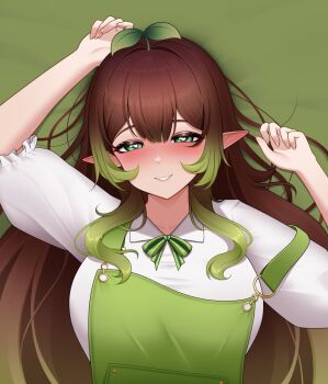 1girl arms_up blush bow breasts brown_hair commentary commission double-parted_bangs drey525 english_commentary freckles gradient_hair green_background green_bow green_eyes green_overalls hair_between_eyes heart heart-shaped_pupils highres indie_virtual_youtuber large_breasts long_hair looking_at_viewer multicolored_hair overalls parted_lips plant_on_head pointy_ears puffy_short_sleeves puffy_sleeves seductive_smile shirt short_sleeves simple_background smile solo symbol-shaped_pupils upper_body virtual_youtuber whinypotato white_shirt