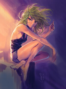 1girl absurdres bare_legs bare_shoulders barefoot breasts female_focus full_body green_eyes green_hair highres looking_at_viewer loonu91 matching_hair/eyes one-punch_man short_hair sitting small_breasts solo tatsumaki