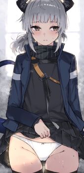 1girl arknights black_skirt black_thighhighs blunt_bangs blush cameltoe closed_mouth clothes_lift commentary_request dragon_girl dragon_horns dragon_tail grey_hair groin highres horns indoors kyuu_(plastic_night_q) liskarm_(arknights) looking_to_the_side panties ponytail shirt_lift skirt solo standing sweat tail thighhighs underwear white_panties