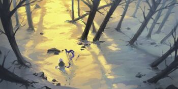 Rule 34 | 1other, art fight attack, bare tree, borrowed character, capelet, commentary, english commentary, footprints, forest, from above, gift art, highres, kneeling, landscape, nature, original, rock, scenery, snow, sunlight, toebeez, tree, white hair, winter