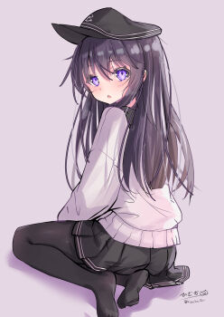 1girl absurdres akatsuki_(kancolle) black_hair black_hat black_pantyhose black_sailor_collar black_skirt commentary_request flat_cap from_behind grey_background grey_sweater hat highres hizaka kantai_collection long_hair looking_at_viewer looking_back one-hour_drawing_challenge pantyhose pleated_skirt purple_eyes sailor_collar simple_background sitting skirt solo sweater