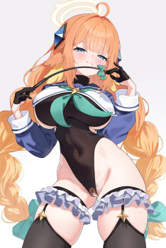 1girl ahoge black_gloves black_leotard blue_archive blue_shrug braid braided_twintails breasts censored closed_mouth commentary_request covered_navel fang feather_hair feathers female_pubic_hair frills gloves half_gloves halo heart heart_censor highres holding holding_riding_crop impossible_clothes impossible_leotard large_breasts leotard long_hair looking_at_viewer low_twin_braids no_eyewear orange_hair pubic_hair pussy_cutout riding_crop shimiko_(blue_archive) shimiko_(magical)_(blue_archive) shrug_(clothing) sketch skin_fang solo sweat tansui_san_(tcjp4784) twin_braids very_long_hair yellow_feathers yellow_halo