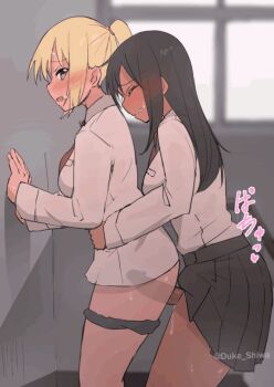 1futa 1girl animated animated_gif black_hair black_skirt blonde_hair blush bottomless bouncing_breasts breasts clenched_teeth closed_eyes dark-skinned_female dark_skin futa_with_female futanari grey_eyes hand_on_wall hands_on_another&#039;s_waist long_hair medium_breasts necktie open_mouth original panties panty_pull pleated_skirt ponytail red_necktie sex sex_from_behind shirt shiwa_kou skirt stairs stairwell standing sweat tagme teeth underwear white_shirt window x-ray yuri