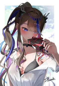 1girl airi_kanna antlers black_bra black_choker blue_eyes blue_nails blush bra breasts brown_hair choker cleavage closed_mouth commentary_request eyes_visible_through_hair fingernails hair_over_one_eye hand_up highres holding horns kazuhi5214 korean_commentary lace lace_bra large_breasts long_bangs long_hair multicolored_hair nail_polish parted_bangs partially_unbuttoned ponytail see-through_clothes see-through_shirt shirt signature solo stellive streaked_hair underwear upper_body virtual_youtuber white_shirt