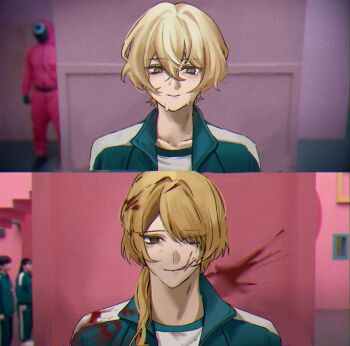 Rule 34 | 2boys, a certain sinclair (project moon), aged up, aqua track suit, aqua trim, blonde hair, blood, blood in hair, blood on clothes, blood on face, blood on mouth, blood splatter, brown eyes, closed mouth, collarbone, commentary request, empty eyes, evil smile, forced smile, hair between eyes, hair over shoulder, ingan0123, korean commentary, limbus company, long hair, looking at viewer, low ponytail, meme, multiple boys, ponytail, portrait, project moon, screenshot background, shirt, sinclair (project moon), smile, squid game, straight-on, sweat, swept bangs, tearing up, tears, track suit, undershirt, white shirt, year 1 &amp; year 2 (squid game) (meme), yellow eyes