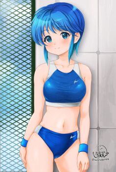 1girl blue_buruma blue_eyes blue_hair blue_sports_bra breasts buruma chain-link_fence collarbone fence haruhata_mutsuki highres long_hair looking_at_viewer medium_breasts midriff navel original outdoors short_hair signature smile solo sports_bra twitter_username