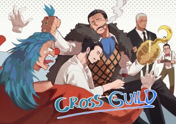 5boys absurdres ascot beard black_cape black_hair blue_ascot blue_hair bow bowtie brown_pants buggy_the_clown cape chinstrap_beard cigar clown_nose commentary crew_cut crocodile_(one_piece) daz_bones disembodied_hand dracule_mihawk english_commentary english_text facial_hair fur_cape galdino gloves highres hook_hand impossible_hair jewelry male_focus mature_male multiple_boys multiple_rings mustache ngumngim one_piece open_mouth orange_vest pants red_bow red_bowtie ring scar scar_on_face shirt short_hair smoke stitched_face stitches suspenders tan tongue tongue_out vest white_gloves white_shirt