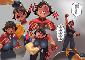 1boy 1girl arm_up black_eyes blonde_hair blood blue_bodysuit bodysuit breasts bruise bruise_on_face clenched_hands closed_eyes commentary_request fingerless_gloves gloves holding_another&#039;s_hair impossible_bodysuit impossible_clothes injury large_breasts long_hair male_focus missing_tooth multicolored_bodysuit muscular muscular_male narisokonai nosebleed one_eye_closed original punching ryona short_eyebrows short_hair stomach_punch translation_request two-tone_bodysuit