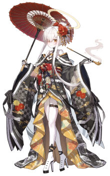 1girl absurdres alternate_costume alternate_hairstyle bare_shoulders black_bridal_gauntlets blue_archive blush bridal_gauntlets chinese_hairpin closed_mouth colored_skin commentary flower furisode hair_bun hair_flower hair_ornament halo high_heels highres holding holding_smoking_pipe holding_umbrella japanese_clothes kimono kokukyukeo lace_bridal_gauntlets long_hair looking_at_viewer malkuth_(blue_archive) obi red_flower red_sash red_umbrella sash smile smoking_pipe solo thigh_strap umbrella white_hair white_skin wide_sleeves yellow_eyes yellow_halo