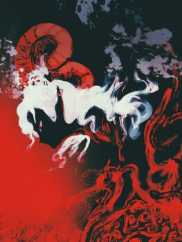 Rule 34 | 1girl, abstract, absurdres, curled horns, dissolving, earrings, eyes in shadow, facing ahead, from side, highres, horns, jewelry, limited palette, long hair, pointy ears, portrait, red eyes, red horns, red theme, solo, touhou, toutetsu yuuma, white hair, yukama (blackwaltz)