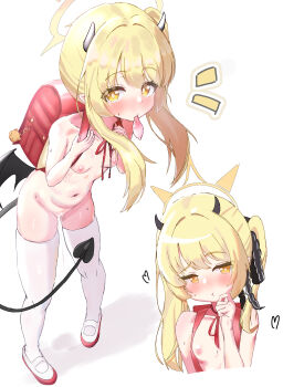 1girl backpack bag bear_ornament black_ribbon black_wings blonde_hair blue_archive blush breasts censored condom condom_in_mouth demon_horns demon_tail demon_wings hair_ribbon halo hand_on_own_cheek hand_on_own_face heart heart_censor horns ibuki_(blue_archive) long_hair mouth_hold multiple_views nipples nude otintinsukidesu pointy_ears pout pussy pussy_juice pussy_juice_trail randoseru red_shoes ribbon ribs shoes small_breasts solo sweat tail thighhighs twintails used_condom white_background white_thighhighs wings yellow_eyes