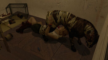 1boy 1girl 3d bestiality blonde_hair boots breasts cage can cleavage closed_eyes cum cum_in_mouth dog double_head fellatio heather_mason hetero indoors konami lying miniskirt monster oral penis screwdriver short_hair silent_hill silent_hill_(series) silent_hill_3 skirt sleeveless vest watch wristband