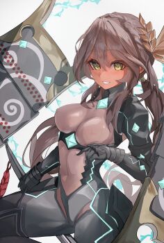 1girl absurdres andromeda_(fate) armor black_bodysuit black_eyes blush bodysuit braid breasts brown_hair commentary_request cosplay covered_navel crown_braid dark-skinned_female dark_skin fate/grand_order fate/samurai_remnant fate_(series) green_eyes grey_bodysuit grin highres japanese_armor katana large_breasts laurel_crown long_hair looking_at_viewer low_twintails medium_breasts multicolored_bodysuit neon_trim parted_bangs purple_hair short_hair sidelocks smile solo sword thighs twintails two-tone_bodysuit ushi_gozen_(avenger)_(fate) ushi_gozen_(fate) ushi_gozen_(fate)_(cosplay) weapon zasyuu_11