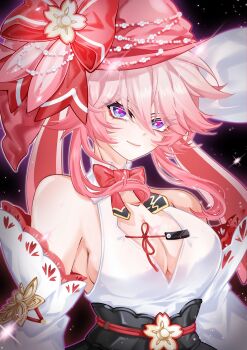 Rule 34 | 1girl, absurdres, bare shoulders, breasts, cleavage cutout, clothing cutout, commentary, detached sleeves, dress, evanescia (honkai: star rail), hat, highres, honkai: star rail, honkai (series), large breasts, long hair, pink hair, pink hat, purple eyes, ruru rinka, sky, smile, solo, star (sky), starry sky, upper body, very long hair, white dress