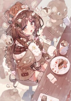 1girl :d blush borrowed_character bow braid brown_bow brown_cardigan brown_eyes brown_hair brown_hat cake cake_slice cardigan commentary commission cup eating food fork fur-trimmed_sleeves fur_trim hair_bow hair_ornament hairclip hat holding holding_fork long_hair long_sleeves looking_at_viewer open_mouth original parted_bangs pink_bow plate sample_watermark sitting skeb_commission smile solo thick_eyebrows tsukumi_bis twin_braids watermark x_hair_ornament