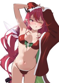 1girl ;q absurdres armpits bikini blush breasts hat highres hololive hololive_english horns irys_(hololive) jacket jacket_partially_removed long_hair medium_breasts navel one_eye_closed pointy_ears red_eyes red_hair santa_bikini santa_costume santa_hat shift_(shiftillust) simple_background solo steaming_body stomach swimsuit tongue tongue_out virtual_youtuber white_background wings