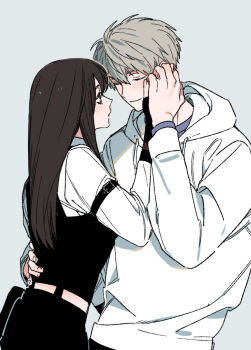 1boy 1girl arm_around_waist black_gloves black_pantyhose black_shirt brown_hair closed_eyes closed_mouth collared_shirt couple fingerless_gloves gloves grey_background grey_hair hair_between_eyes hand_on_another&#039;s_cheek hand_on_another&#039;s_face hetero holding_hands hood hood_down hoodie kimsiot light_smile long_hair looking_at_another love_and_deepspace pantyhose protagonist_(love_and_deepspace) shirt shirt_under_shirt short_hair upper_body white_hoodie white_shirt xavier_(love_and_deepspace)