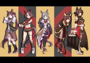 5girls absurdres ahoge animal_ears bent_over blue_eyes blunt_bangs blush boots breasts brown_hair buena_vista_(umamusume) chrono_genesis_(umamusume) cleavage closed_mouth collarbone detached_sleeves full_body gentildonna_(umamusume) gloves gran_alegria_(umamusume) grey_hair grin hair_ornament hairband highres horse_ears horse_girl horse_tail killtenshi long_hair looking_at_viewer lucky_lilac_(umamusume) medium_breasts medium_hair multiple_girls navel necktie open_mouth red_eyes shoes smile standing tail thighhighs umamusume x_hair_ornament