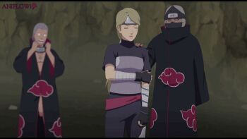 1girl 2boys aniflow animated ass blonde_hair bra erection hetero hidan kakuzu multiple_boys naruto naruto_(series) naruto_shippuuden nii_yugito panties pussy spoon_position spooning surprised underwear undressing