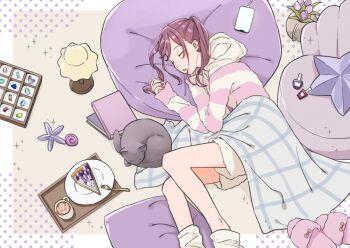 1girl :o bare_legs blanket blue_gem blush book border brown_background cable cake cake_slice cat cellphone chair charger closed_eyes coffee_mug commentary cosmetics cup curled_up feet_out_of_frame fingernails flower fluffy_clothes food fork from_above gem green_gem grey_cat head_on_pillow hood hood_down hooded_sweater invisible_floor lamp latte_art long_hair long_sleeves loose_socks loungewear lying matsumine_(twin-mix) mug nail_polish nail_polish_bottle on_side open_mouth original outside_border phone pillow pink_gem pink_slippers pink_sweater plant plate polka_dot potted_plant purple_flower purple_gem purple_hair purple_nails red_gem shorts simple_background sleeping sleeves_past_wrists slippers smartphone socks solo sparkle star-shaped_pillow striped_clothes striped_sweater sweater tray tulip twintails unworn_slippers white_border white_shorts white_socks white_sweater