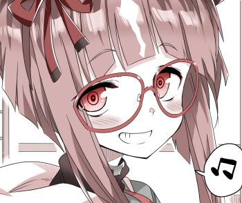 1girl animal_ears blush bob_cut bow brown_hair ear_ornament ear_ribbon glasses horse_ears horse_girl inverted_bob jacket kugimiya_atsuki looking_at_viewer multicolored_hair red-framed_eyewear red_eyes roots_(hair) shirt short_hair simple_background smile solo transcend_(umamusume) transcend_(zoku-zoku_gizmo)_(umamusume) umamusume white_background white_hair